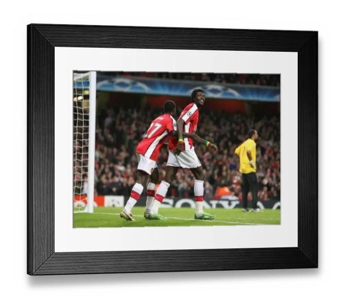 Framed Print : Emmanuel Adebayor celebrates scoring the 4th Arsenal