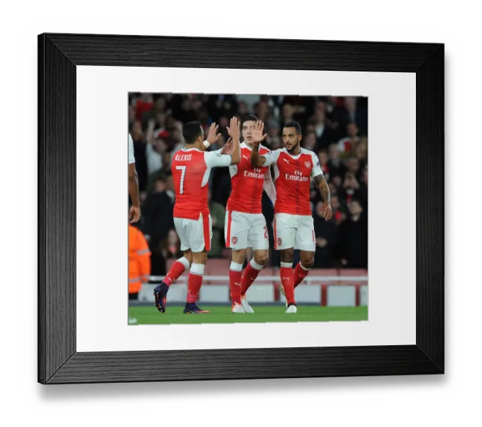 Framed Print : Arsenal's Theo Walcott, Hector Bellerin, and Alexis Sanchez Celebrate Goals Against Ludogorets Razgrad in 2016-17 UEFA Champions League