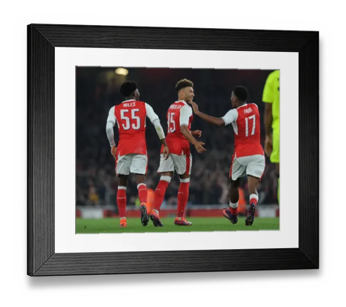 Framed Print : Arsenal's Oxlade-Chamberlain, Maitland-Niles, and Iwobi Celebrate Goals Against Reading in EFL Cup