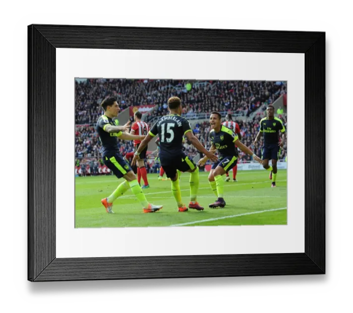 Framed Print : Sanchez, Bellerin, and Oxlade-Chamberlain: Celebrating Arsenal's Goals Against Sunderland (2016-17)