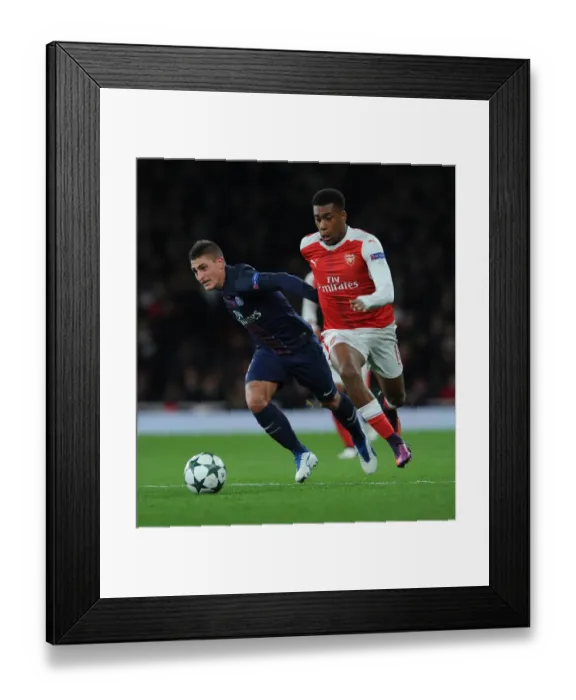 Framed Print : Arsenal vs. Paris Saint-Germain: Alex Iwobi vs. Marco Verratti Battle in the 2016-17 UEFA Champions League