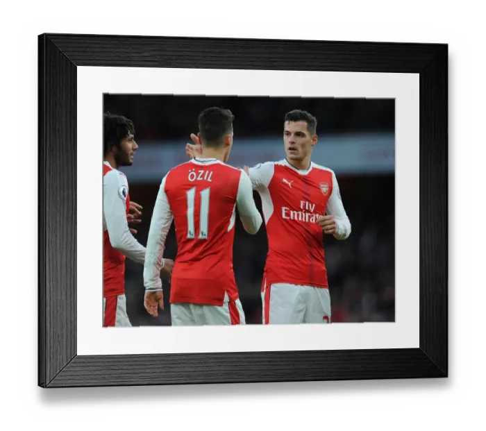 Framed Print : Arsenal: Xhaka and Ozil Celebrate Teamwork during Arsenal v AFC Bournemouth Match, 2016 / 17