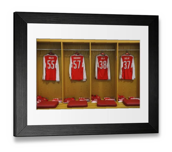 Framed Print : Arsenal shirts in the changingroom before the match. Arsenal 0: 2 Southampton. EFL Cup