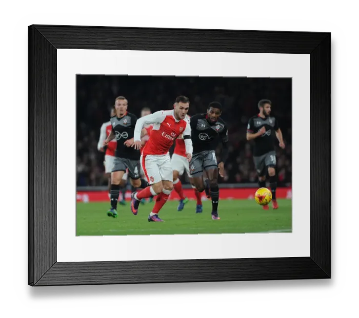 Framed Print : Lucas Perez (Arsenal) Cuco Martina (Southampton). Arsenal 0: 2 Southampton. EFL Cup Framed Print : Lucas Perez (Arsenal) Cuco Martina (Southampton). Arsenal 0: 2 Southampton. EFL Cup