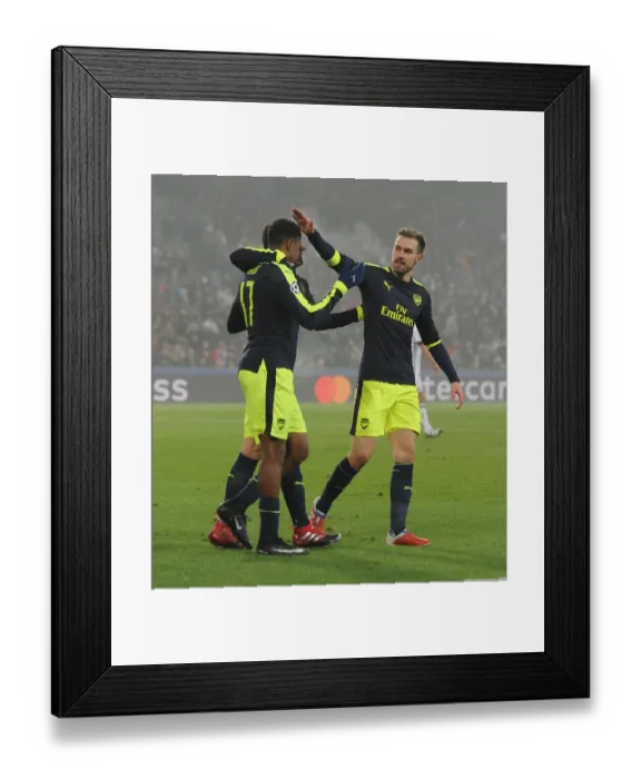 Framed Print : Arsenal's Alex Iwobi and Aaron Ramsey Celebrate Goals Against FC Basel in 2016-17 UEFA Champions League