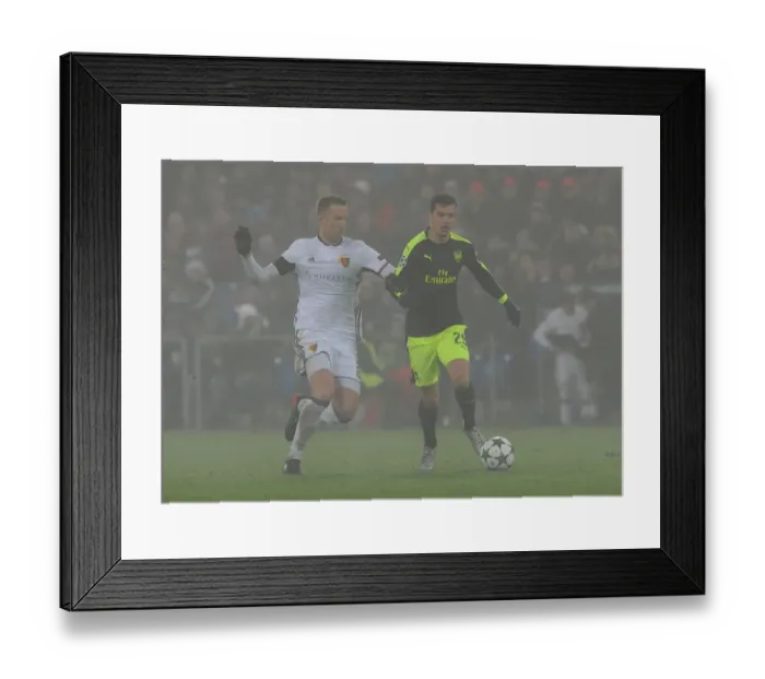 Framed Print : Granit Xhaka Clashes with Marc Janko: FC Basel vs. Arsenal, UEFA Champions League, 2016
