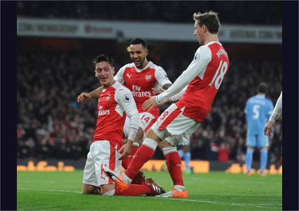 Arsenal Celebrate: Ozil, Walcott, Monreal Score Against Stoke City (2016-17)
