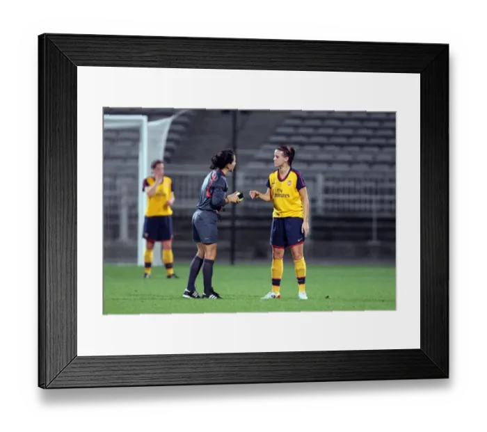 Framed Print : Julie Fleeting (Arsenal) with the referee