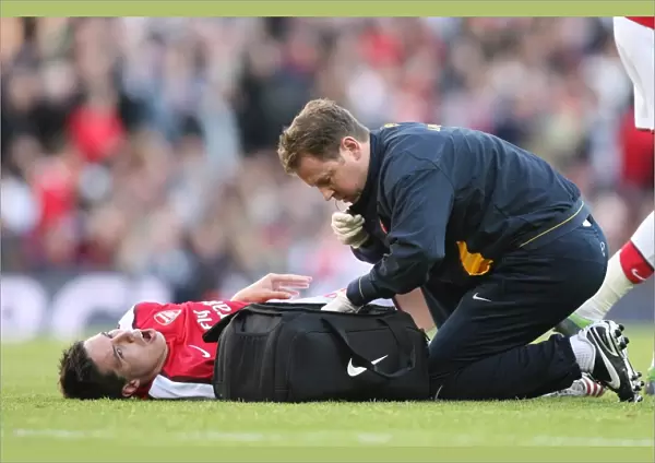 Arsenal physio Colin Lewin with injured Samir Nasri