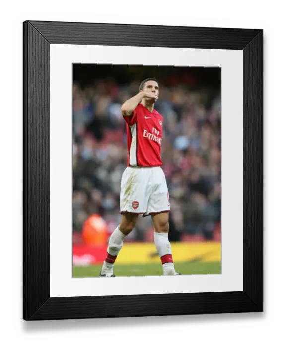 Framed Print : Robin van Persie (Arsenal) blows a kiss to his family after the match Framed Print : Robin van Persie (Arsenal) blows a kiss to his family after the match