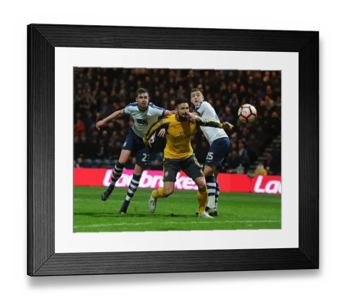 Framed Print : FA Cup Showdown: Olivier Giroud vs Preston Defenders - A Battle for the Ball