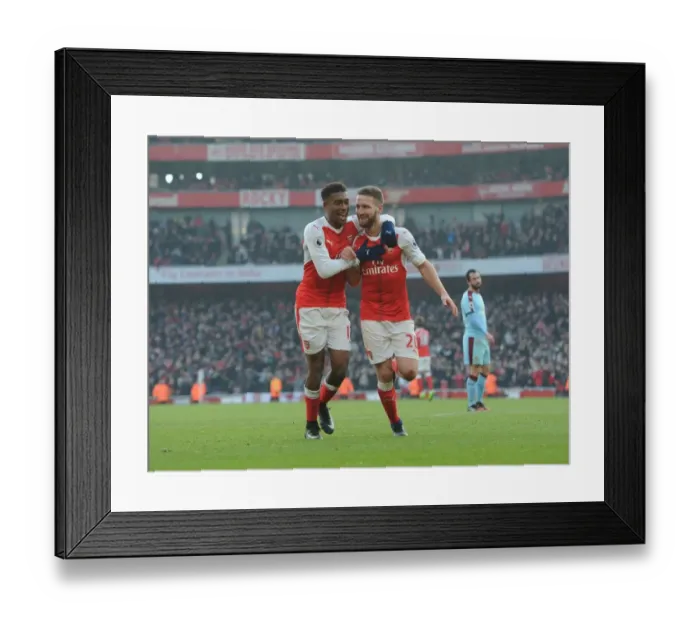 Framed Print : Arsenal's Mustafi and Iwobi Celebrate Goal Against Burnley (2016-17) Framed Print : Arsenal's Mustafi and Iwobi Celebrate Goal Against Burnley (2016-17)