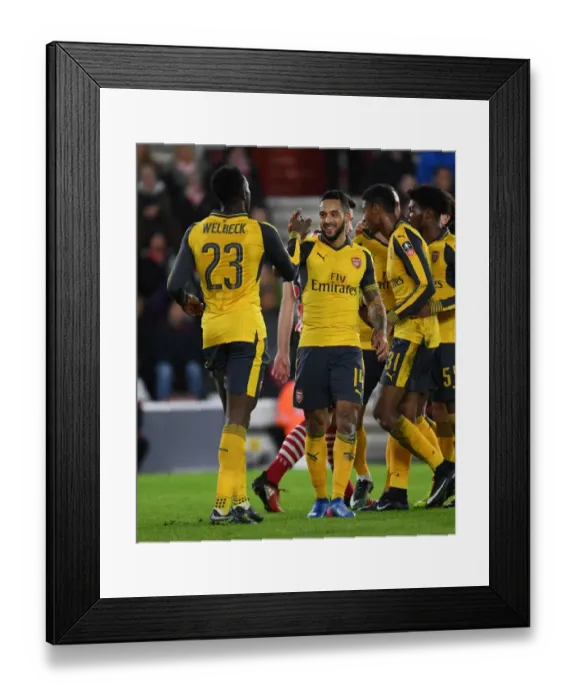 Framed Print : Arsenal's Theo Walcott and Danny Welbeck Celebrate Third Goal in FA Cup Match vs Southampton (2016-17)