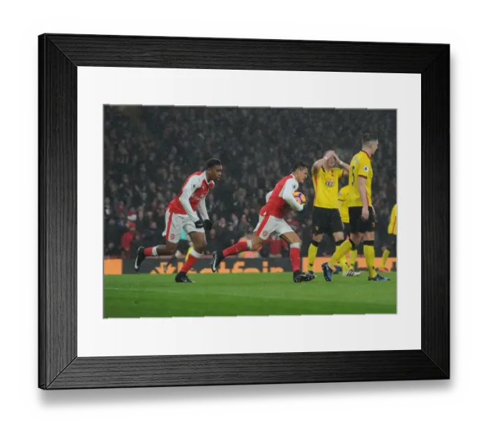 Framed Print : Arsenal's Iwobi and Sanchez Celebrate Goal Against Watford (2016-17) Framed Print : Arsenal's Iwobi and Sanchez Celebrate Goal Against Watford (2016-17)