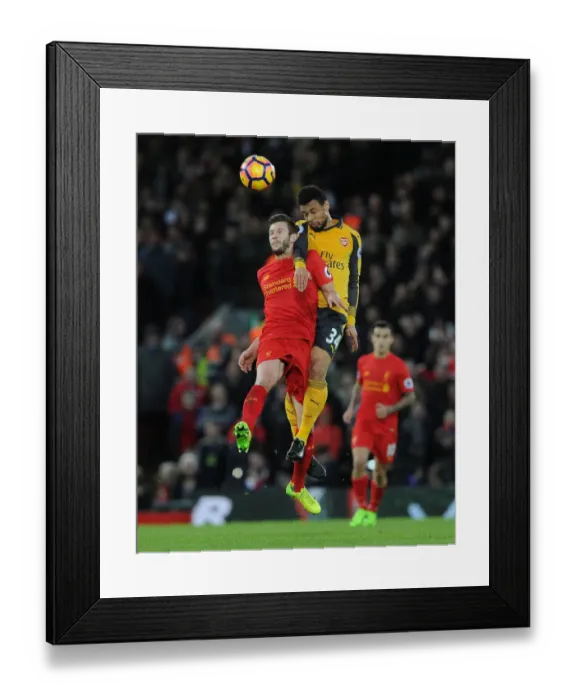 Framed Print : Coquelin vs. Lallana: Heading for Victory in the Liverpool vs. Arsenal Premier League Clash (2016-17)