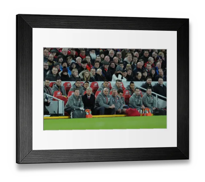 Framed Print : Arsenal Manager Arsene Wenger and Team Staff at Liverpool's Anfield during Premier League Match vs Arsenal (2016-17)