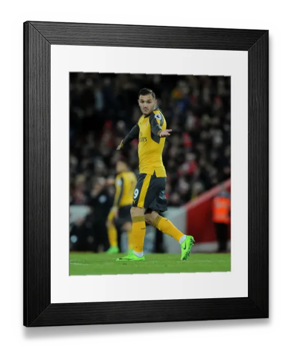 Framed Print : Arsenal's Lucas Perez Faces Off Against Liverpool at Anfield (Premier League 2016-17)