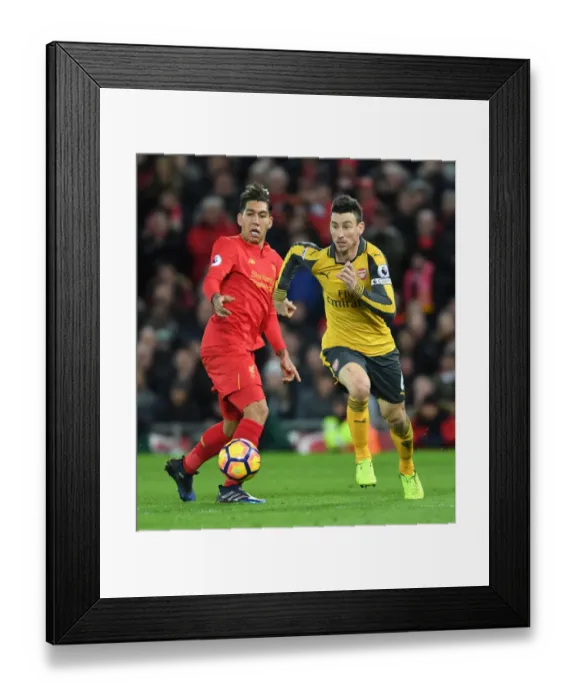 Framed Print : Koscielny Breaks Past Firmino: Intense Moment from Liverpool vs. Arsenal (2016-17)