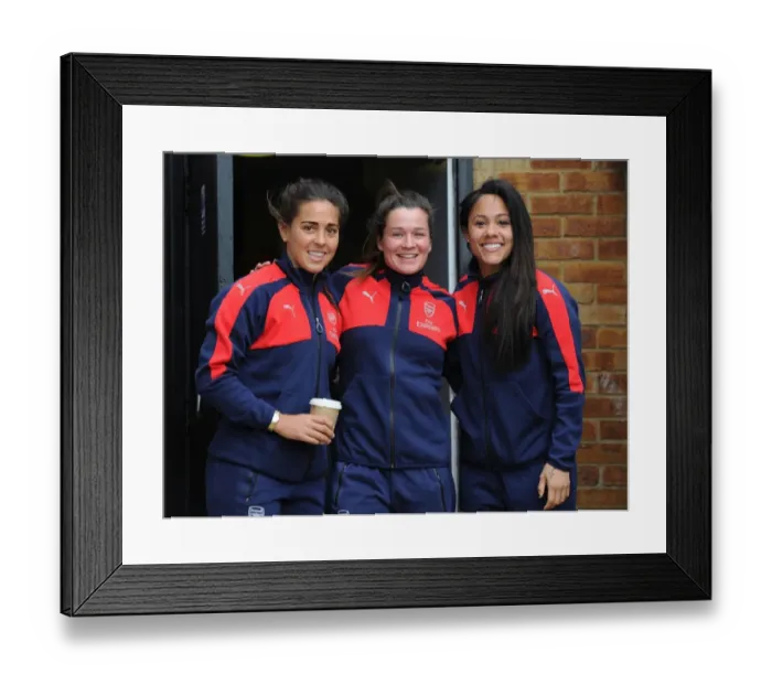 Framed Print : Arsenal Ladies Unite: Pre-Match Huddle Against Tottenham Hotspur Ladies in FA Cup 2017 - Fara Williams, Emma Mitchell, and Alex Scott