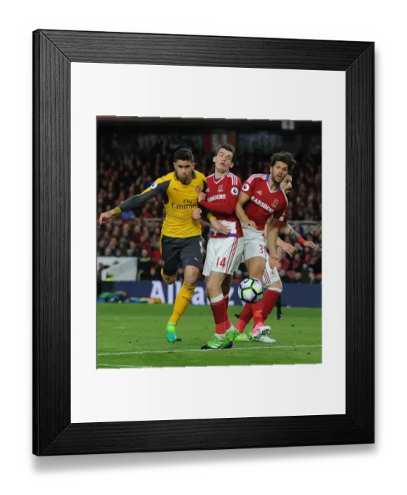 Framed Print : Clash at Riverside: Gabriel Faces Off Against Forshaw and de Roon (Middlesbrough vs Arsenal, 2016-17)