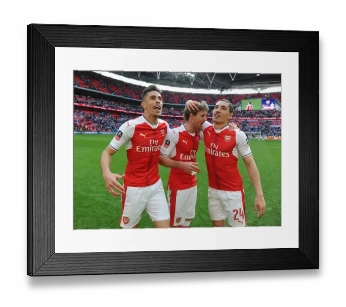 Framed Print : Arsenal Triumphs in FA Cup Semi-Final: Gabriel, Monreal, and Bellerin Celebrate