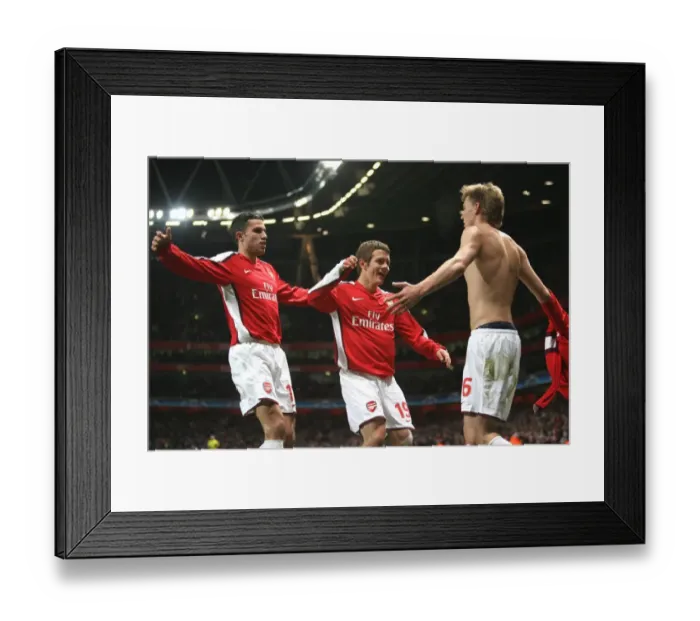 Framed Print : Arsenal Triumph: Bendtner, Van Persie, and Wilshere Celebrate First Goal in Champions League Group Stage (Arsenal 1:0 Dynamo Kyiv, 2008) Framed Print : Arsenal Triumph: Bendtner, Van Persie, and Wilshere Celebrate First Goal in Champions League Group Stage (Arsenal 1:0 Dynamo Kyiv, 2008)