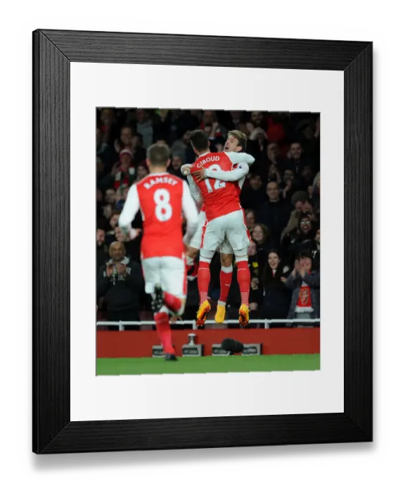Framed Print : Celebrating the Goal: Monreal and Giroud's Exultant Moment at Arsenal vs Leicester City Framed Print : Celebrating the Goal: Monreal and Giroud's Exultant Moment at Arsenal vs Leicester City