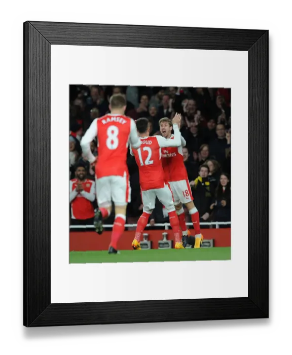 Framed Print : Celebrating the Goal: Monreal and Giroud's Moment of Triumph for Arsenal against Leicester City Framed Print : Celebrating the Goal: Monreal and Giroud's Moment of Triumph for Arsenal against Leicester City