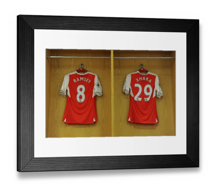 Framed Print : Arsenal Changing Room: Ramsey and Xhaka Jerseys Ready for Arsenal v Everton Clash (2016-17)