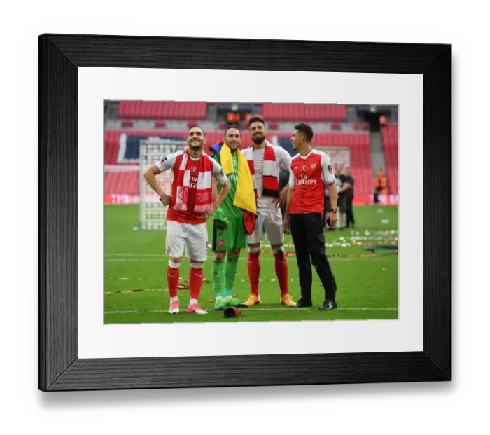 Framed Print : Lucas Perez, David Ospina, Olivier Giroud and Gabriel (Arsenal) after the match