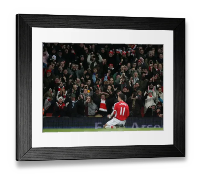 Framed Print : Arsenal fans celebrate the 3rd goal, scored by Robin van Persie Framed Print : Arsenal fans celebrate the 3rd goal, scored by Robin van Persie