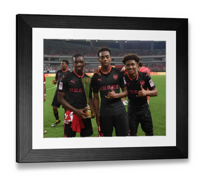 Framed Print : Arsenal's Nketiah, Willock, and Nelson: Post-Match Moment at Bayern Munich Friendly, 2017 Framed Print : Arsenal's Nketiah, Willock, and Nelson: Post-Match Moment at Bayern Munich Friendly, 2017