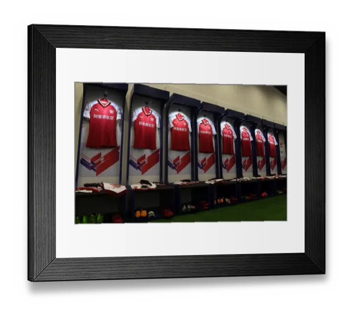 Framed Print : Arsenal vs Chelsea: Aligned Shirts in Arsenal Changing Room (Pre-Season Friendly 2017, Beijing)