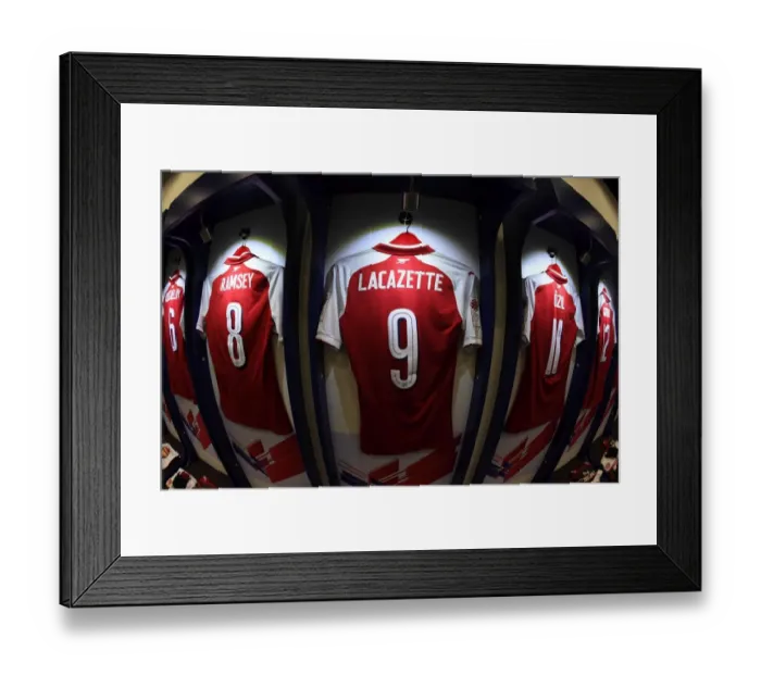 Framed Print : Arsenal FC: Alexandre Lacazette's Shirt in Arsenal Changing Room Before Arsenal vs Chelsea Pre-Season Friendly in Beijing