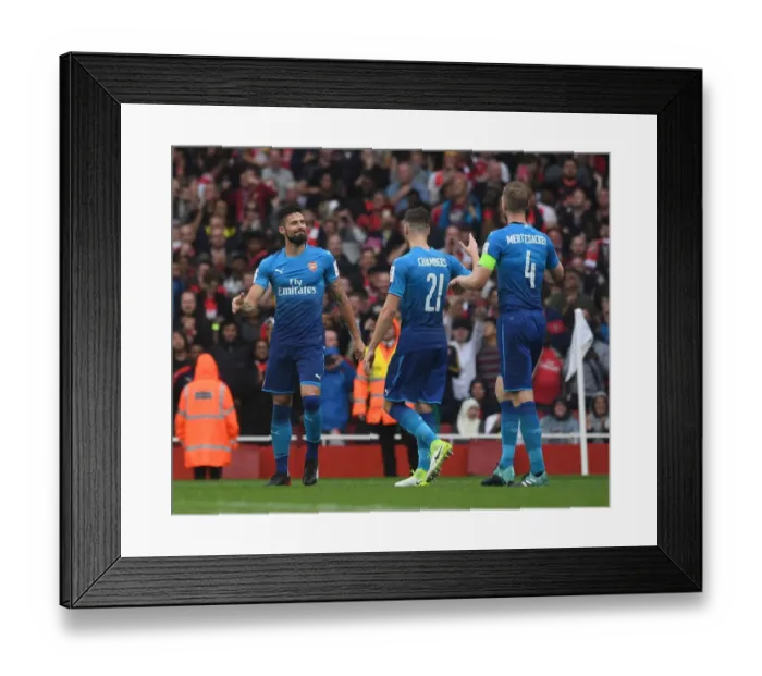 Framed Print : Arsenal's Olivier Giroud, Calum Chambers, and Per Mertesacker Celebrate Goal vs SL Benfica (Emirages Cup 2017-18) Framed Print : Arsenal's Olivier Giroud, Calum Chambers, and Per Mertesacker Celebrate Goal vs SL Benfica (Emirages Cup 2017-18)