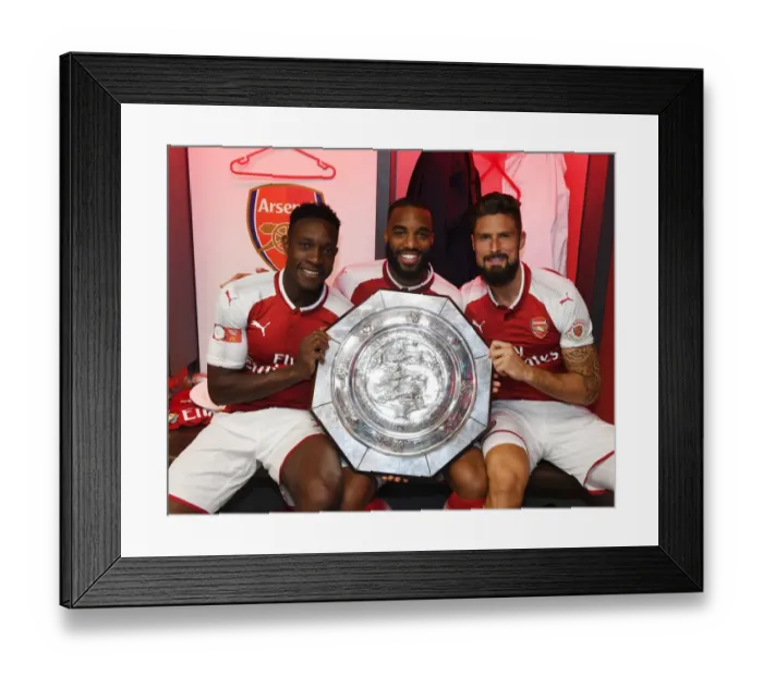 Framed Print : Arsenal's New Strikers Celebrate FA Community Shield Victory: Welbeck, Lacazette, and Giroud