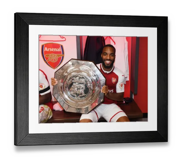 Framed Print : Alex Lacazette Celebrates Arsenal's FA Community Shield Triumph over Chelsea (2017-18) Framed Print : Alex Lacazette Celebrates Arsenal's FA Community Shield Triumph over Chelsea (2017-18)