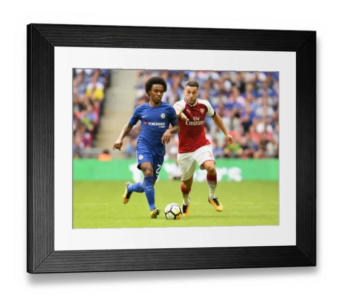 Framed Print : Arsenal's Sead Kolasinac Clashes with Chelsea's Willian in FA Community Shield Showdown (2017-18)