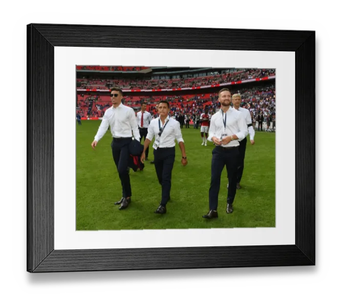 Framed Print : Arsenal's Unstoppable Trio: Gabriel, Sanchez, and Mustafi Unite for FA Community Shield Battle Against Chelsea (2017-18)