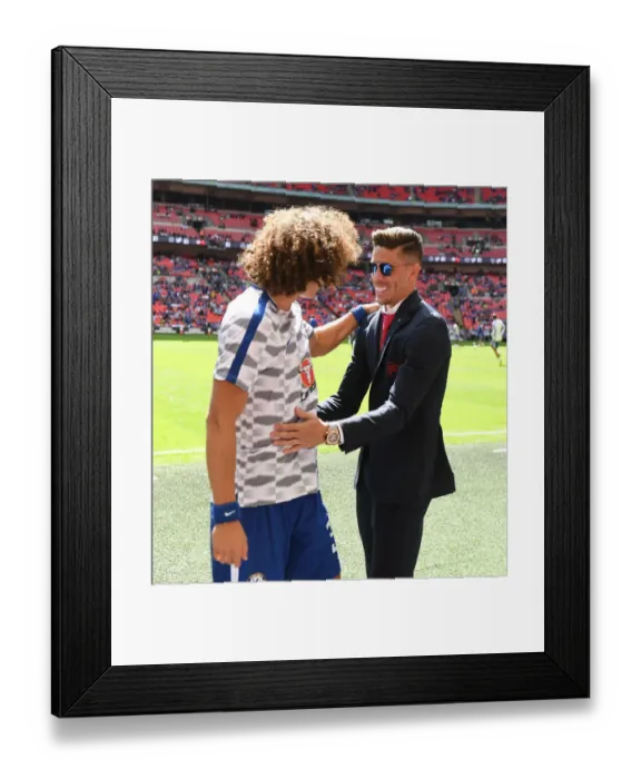 Framed Print : Arsenal's Gabriel and Chelsea's David Luiz: A Pre-Match Encounter at the FA Community Shield, 2017-18