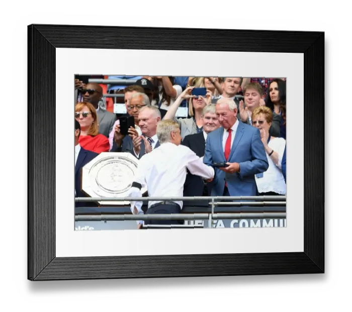 Framed Print : Arsene Wenger the Arsenal Manager is handed his medal by Bob Wilson the former Arsenal Framed Print : Arsene Wenger the Arsenal Manager is handed his medal by Bob Wilson the former Arsenal