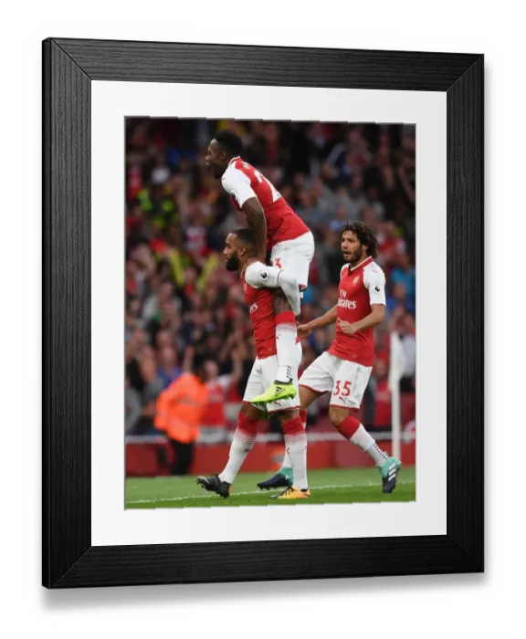 Framed Print : Arsenal's Lacazette, Elneny, and Welbeck Celebrate Goal vs Leicester City (2017-18)