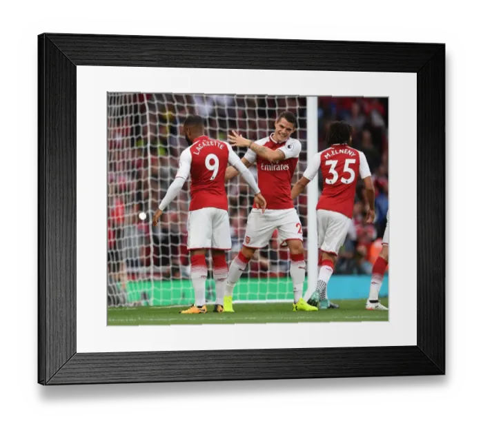 Framed Print : Alexandre Lacazette and Granit Xhaka Celebrate First Goal: Arsenal vs Leicester City, Premier League 2017-18