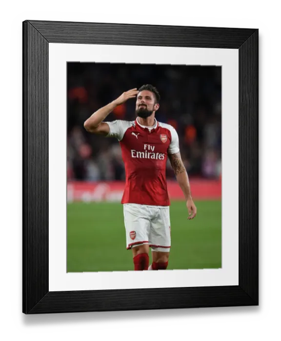 Framed Print : Arsenal's Giroud: Celebrating a Goal and a Victory over Leicester City, 2017-18 Premier League Framed Print : Arsenal's Giroud: Celebrating a Goal and a Victory over Leicester City, 2017-18 Premier League