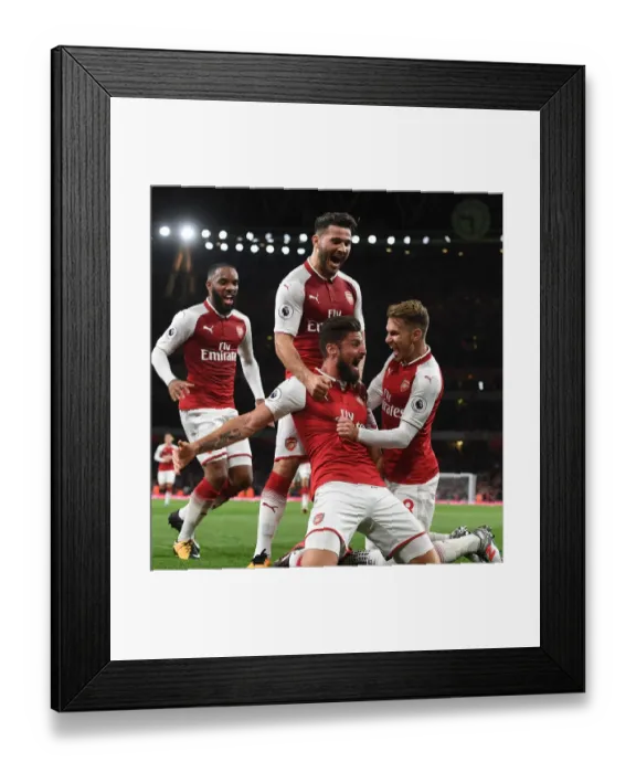 Framed Print : Arsenal's Giroud, Ramsey, and Kolasinac Celebrate Goals Against Leicester City (2017-18)