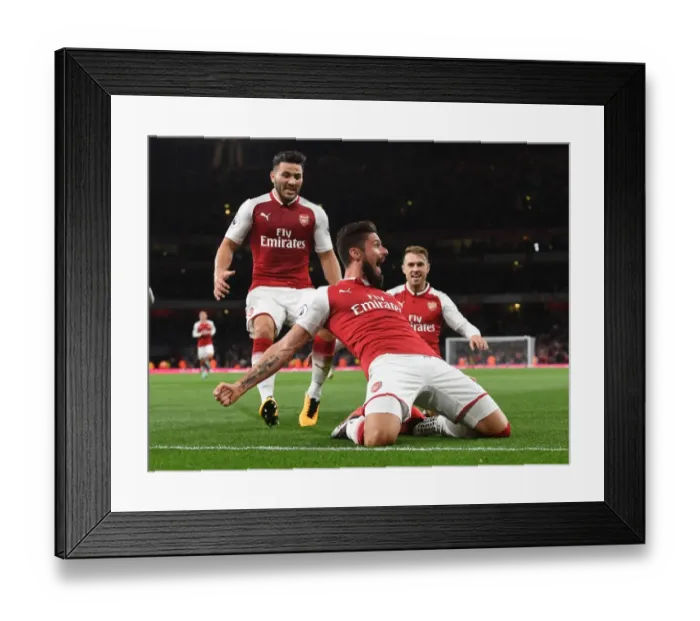Framed Print : Triumphant Arsenal: Giroud, Kolasinac, and Ramsey Celebrate Goals Against Leicester City (2017-18)