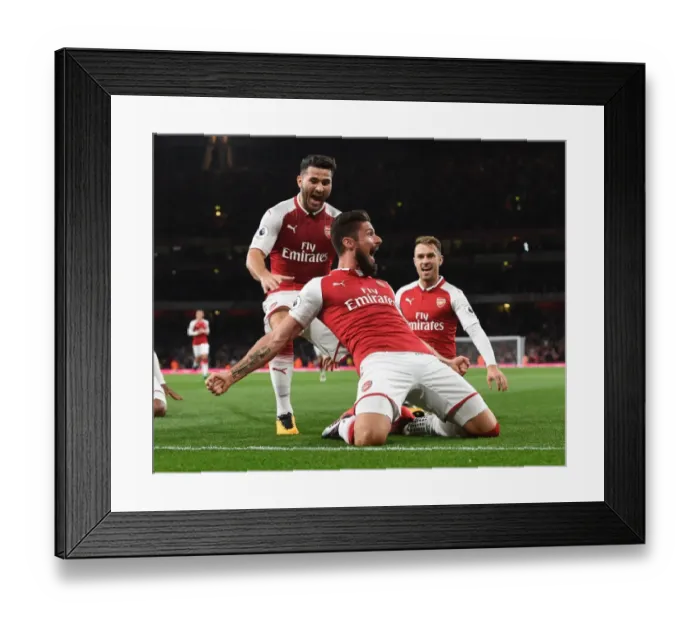 Framed Print : Arsenal Triumph: Giroud, Kolasinac, Ramsey Celebrate Goals vs Leicester City (2017-18)
