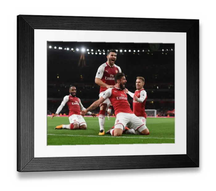 Framed Print : Arsenal's Triumph: Giroud, Kolasinac, Ramsey Celebrate Goals Against Leicester City (2017-18)