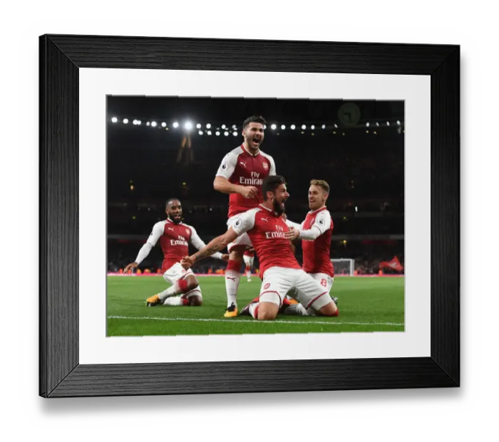 Framed Print : Arsenal's Olivier Giroud, Sead Kolasinac, and Aaron Ramsey Celebrate Goals Against Leicester City (2017-18)