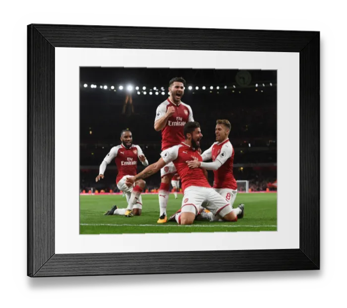 Framed Print : Triumphant Arsenal: Giroud, Kolasinac, Ramsey Celebrate Goals Against Leicester City (2017-18) Framed Print : Triumphant Arsenal: Giroud, Kolasinac, Ramsey Celebrate Goals Against Leicester City (2017-18)